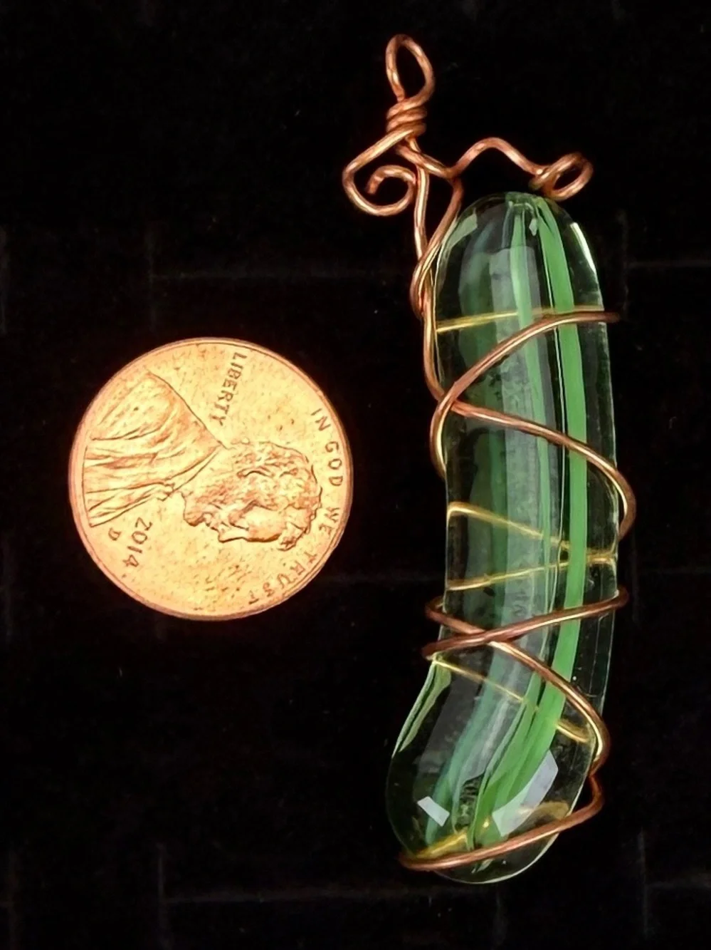 Green Glass Pendant Necklace with Coppertone Wire Wrap